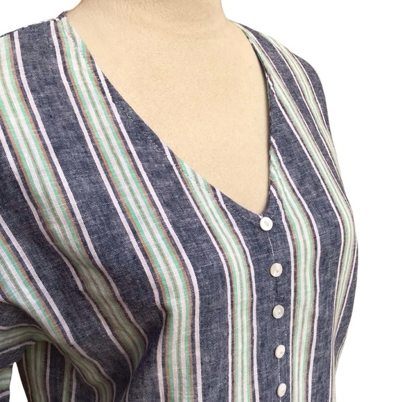 For Cynthia Striped Linen Blend Tie Front Bell Sleeve Crop Shirt - Picture 6 of 9